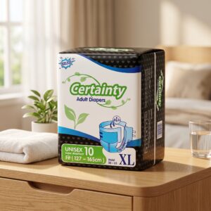 Adult_diapers_package_on_table_202607082352 Certainty Unisex Adult Diapers With Fastening Tapes XL (10s)