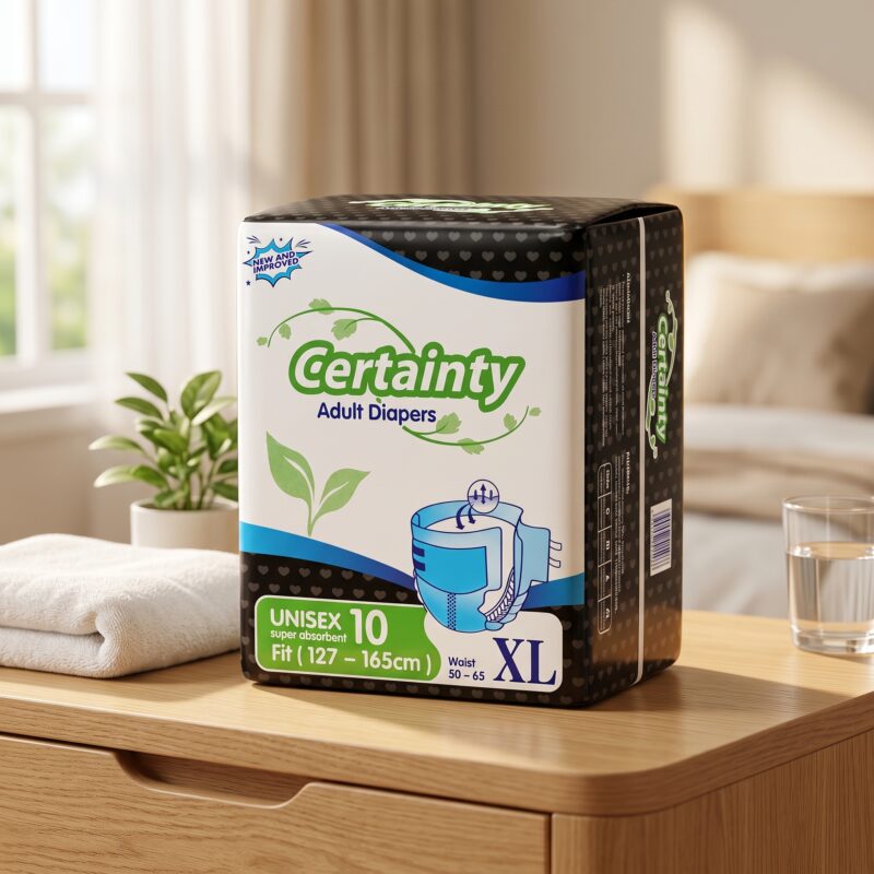 Adult_diapers_package_on_table_202607082352 Certainty Unisex Adult Diapers With Fastening Tapes XL (10s)
