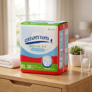 Product_package_on_bedside_table_202607090110 Certainty Unisex Adult Incontinence Pull Up Pants XL (10s)